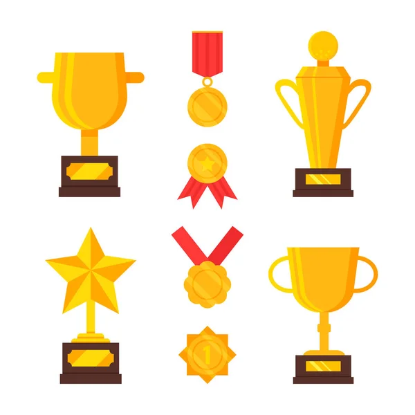 Set Gold Trophies Medals Achievement Awards Golden Cups Prize Winner — Stock Vector