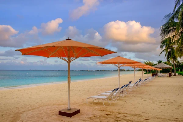 Parasols Sun Loungers Facing Caribbean Sea Seven Mile Beach Grand — Stock Photo, Image