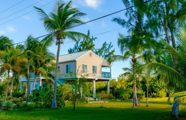 Little Cayman, Cayman Adaları, Kas 2018, Etrafında yemyeşil tropikal bahçe ile Stilts Evi
