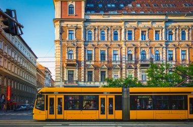Budapeşte, Macaristan, Ağustos 2019, sarı tramvay Szent istvan Bulvarı 'nda ilerliyor.