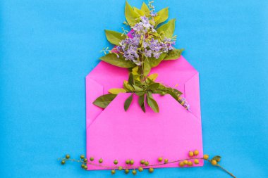 arka plan mavi pembe zarf içinde mor çiçek aranjmanı