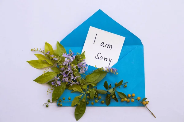 Jsem Omlouvám Zpráva Kartu Rukopisu Modré Obálce Uspořádáním Fialové Květy — Stock fotografie