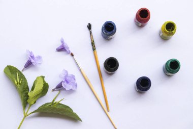 Poster renk, Kuru ayarla eski boş şişeler ve arka plan beyaz kağıt üzerinde boya fırçası