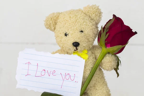 Amo Tarjeta Mensaje Con Oso Peluche Flores Rosa Roja Sobre —  Fotos de Stock