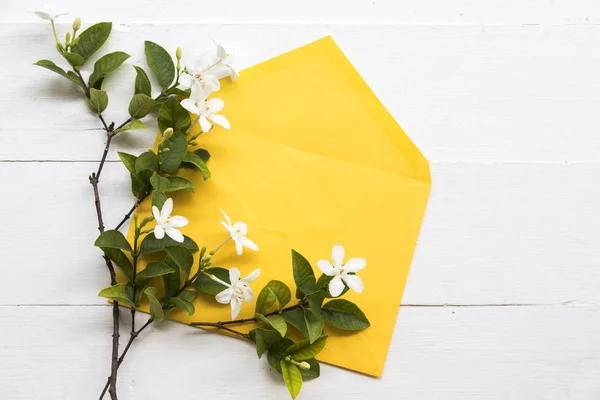 Jasmijn Witte Bloem Van Azië Thailand Regeling Gele Envelop Achtergrond — Stockfoto