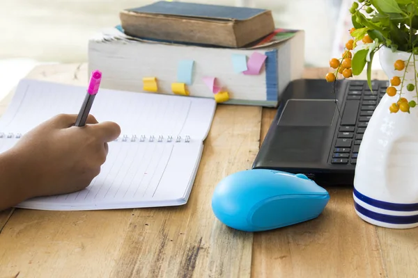 Student Girl Writing Read Book Dictionary English Study Computer Notebook — Stock Photo, Image