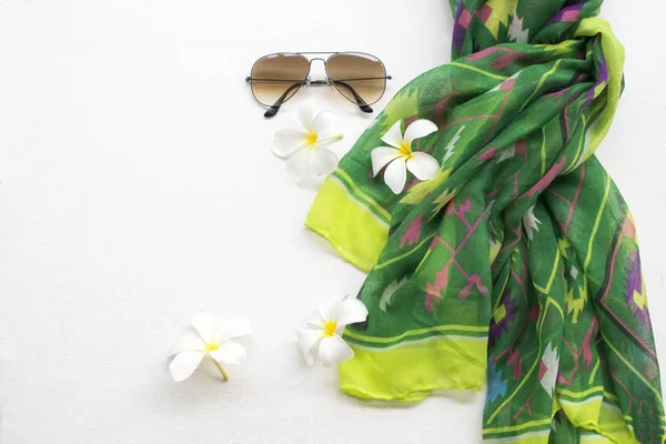 Sunglasses Green Scarf Collection Colorful Lifestyle Woman White Flower Frangipani — Stock Photo, Image