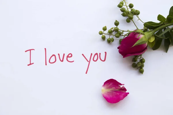 Jag Älskar Dig Meddelande Kort Handskrift Och Rosa Ros Blommor — Stockfoto