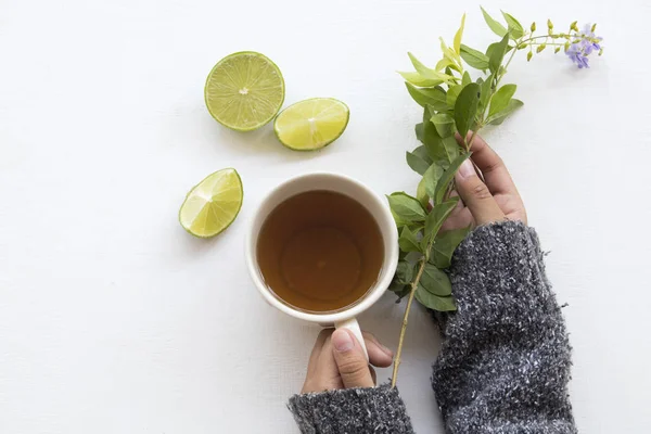 Hand Young Girl Holding Cup Herbal Honey Lemon Tea Healthy — Stock Photo, Image