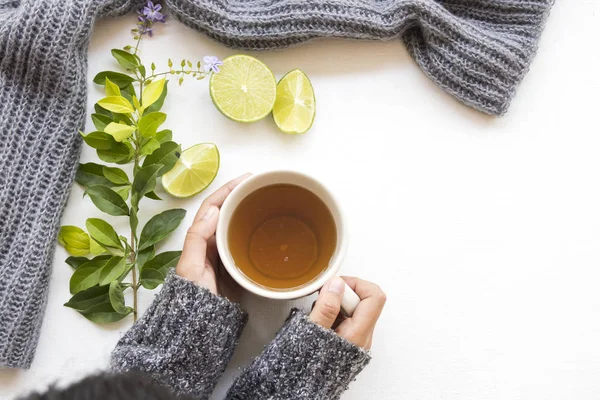 hand of young girl holding cup herbal honey lemon tea healthy drinks health care for sore throat with lemon slice and knitting wool scarf in winter season with purple flowers decoration on background white wooden