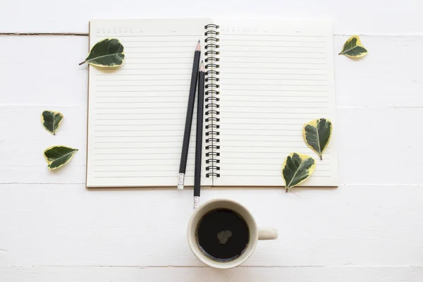Planificador Cuadernos Para Trabajo Negocios Con Café Caliente Decoración Hojas — Foto de Stock