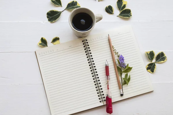 Planificador Cuadernos Para Trabajo Negocios Con Café Caliente Decoración Hojas — Foto de Stock