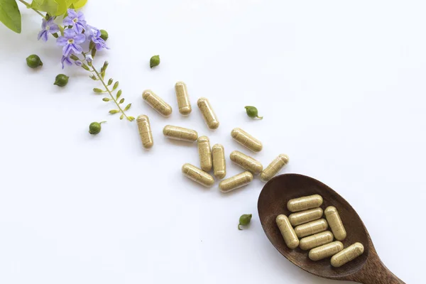 Tablets Capsules Extract Herbal Woman Eats Purple Flowers Decoration Flat — Stock Photo, Image