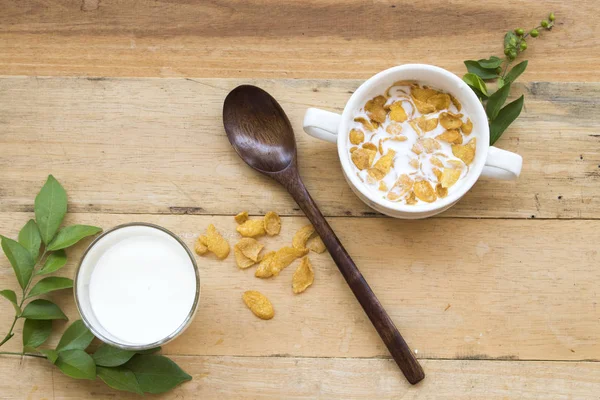 Mix Corn Flakes Milk Healthy Foods Children Eats Healthy Drinks — Stock Photo, Image