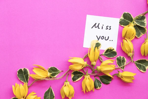 i miss you message card handwriting with yellow flowers ylang ylang arrangement flat lay style on background colorful pink