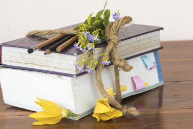 sözlük kitap ip demeti masada çiçek ile öğrencinin çalışma için yönetmek 