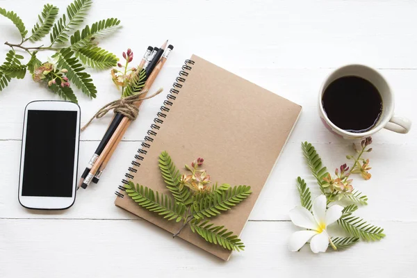 Notebook Planner Mobile Phone Business Work Hot Coffee Flower Arrangement — Stock Photo, Image