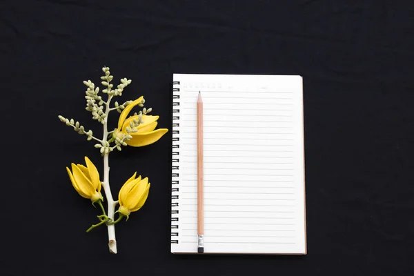 Planer Pracy Biznesie Żółtym Kwiatem Ylang Ylang Układ Płaski Tle — Zdjęcie stockowe