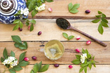 bitkisel sağlıklı içecekler ahşap kaşık ve çiçek yasemin püresi yaprak çay ile bitkisel sağlıklı çay rahatyaşam tarzı düzenleme düz arka plan ahşap tarzı yatıyordu