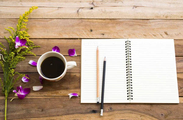 Planificador Cuadernos Para Trabajo Negocios Con Café Espresso Caliente Flores — Foto de Stock
