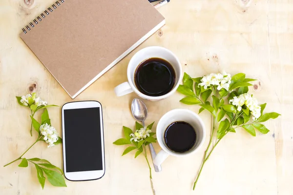 Notebook Planejador Telefone Móvel Para Trabalho Negócios Café Quente Café — Fotografia de Stock