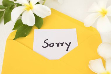 beyaz çiçekler frangipani düzenleme düz arka plan beyaz kartpostal tarzı yatıyordu sarı zarf içinde üzgünüm mesaj kartı el yazısı