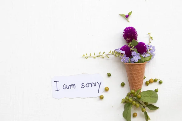i am sorry message card handwriting with purple flower amaranth in cone arrangement flat lay postcard style on background white wooden