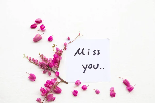 miss you message card handwriting with colorful little flowers arrangement flat lay postcard style on background white