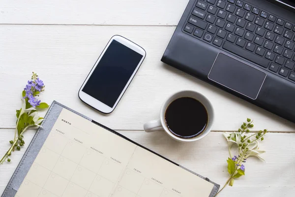 Laptop Planner Computer Mobiele Telefoon Voor Business Werk Met Hete — Stockfoto