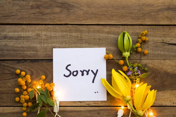Sorry Nachricht Karte Handschrift Mit Ylang Ylang Blumen Und Licht — Stockfoto