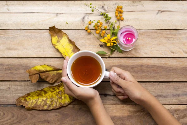 Hand Girl Holding Herbal Healthy Drinks Hot Lemon Tea Health — Stock Photo, Image