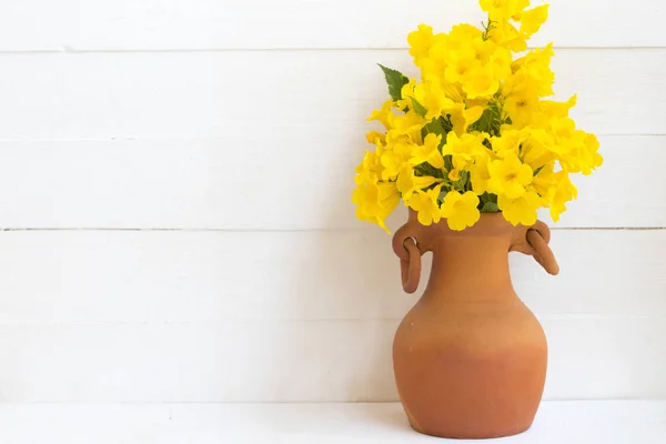 Coloridas Flores Amarillas Estilo Decoración Maceta Sobre Fondo Madera Blanca — Foto de Stock