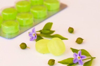 cough sore throat pastille colorful extract from herbal with purple flowers arrangement flat lay style on background white 