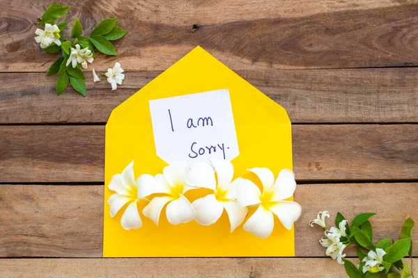 Sorry Message Card Handwriting Yellow Envelope Flowers Frangipani Arrangement Flat —  Fotos de Stock