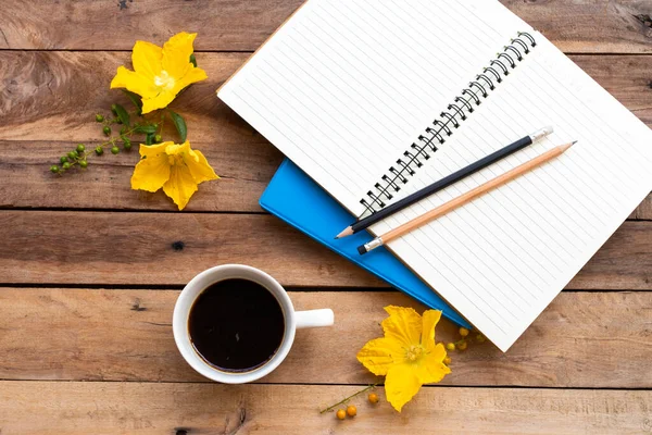 Notebook Planner Business Work Hot Coffee Yellow Flower Lifestyle Arrangement Stockbild