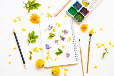 Günlük, palet, döküm, boya fırçası ve sarı çiçek kadife çiçeği, kozmos düzenleme düz yatıyordu arka plan beyaz üzerine kartpostal tarzı 