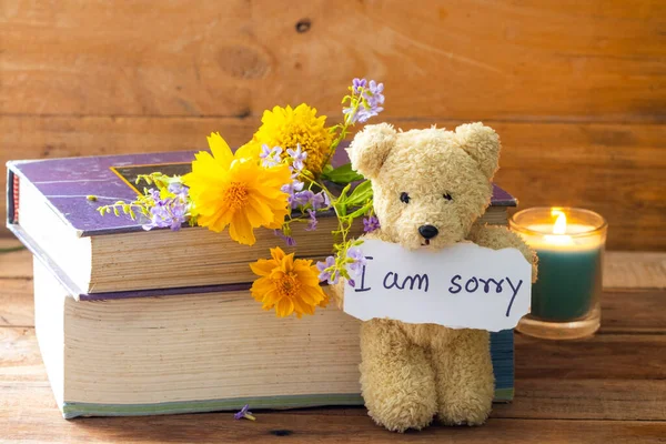 Sorry Message Card Handwriting Book Teddy Bear Flowers Cosmos Marigold —  Fotos de Stock