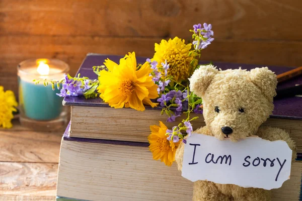 Sorry Message Card Handwriting Book Teddy Bear Flowers Cosmos Marigold —  Fotos de Stock