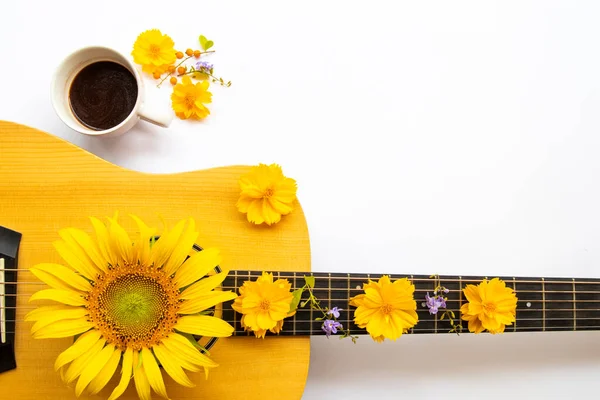 hot cocoa, guitar and yellow flowers cosmos, sunflowers of lifestyle arrangement flat lay postcard style on background white