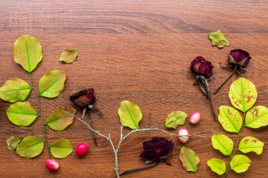 arkaplan dokusu yeşil yaprak ve kurumuş gül çiçekleri sonbahar düzenleme düz tahta üzerinde kartpostal tarzı yatıyordu