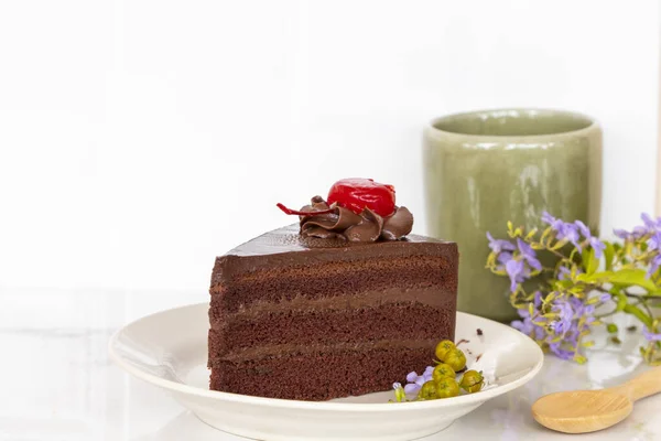 dessert snack chocolate cake with hot coffee arrangement flat lay style on background  white