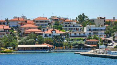 Ammouliani, Chalkidiki, Yunanistan - 27 Temmuz 2012: Panoramik Ammouliani Adası, Athos, Chalkidiki, Orta Makedonya, Yunanistan 