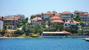 Ammouliani, Chalkidiki, Yunanistan - 27 Temmuz 2012: Panoramik Ammouliani Adası, Athos, Chalkidiki, Orta Makedonya, Yunanistan 