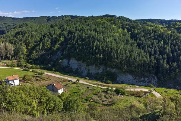 Bahar manzara yakınındaki kaya oluşumu Stob piramitler, Rila Dağı, Köstendil bölge, Bulgaristan