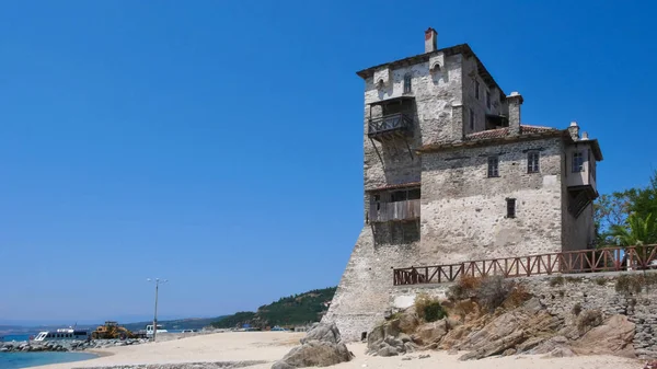 Tour Médiévale Sur Plage Ville Ouranopoli Athos Chalcidique Macédoine Centrale — Photo