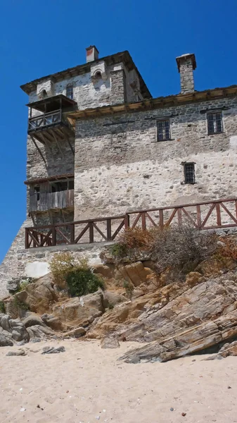 Mittelalterlicher Turm Strand Der Stadt Ouranopoli Athos Chalkidiki Zentralmakedonien Griechenland — Stockfoto