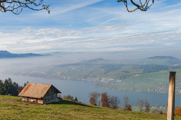 Landscape with Green meadows above Lake Lucerne, near mount Rigi, Alps, Switzerland