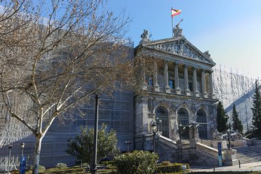 Madrid, İspanya - 21 Ocak 2018: Ulusal Arkeoloji Müzesi ve Madrid şehir, İspanya Milli Kütüphanesi