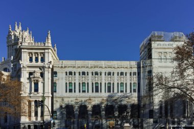 Madrid, İspanya - 21 Ocak 2018: Palace Cibeles Cibeles Meydanı Madrid şehir, İspanya