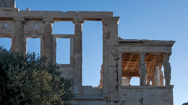 Tornácon Kariatidák Erechtheion Egy Ősi Görög Templom Északi Oldalán Athéni — Stock Fotó
